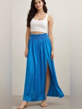 Aerie satin smocked maxi skirt blue size small